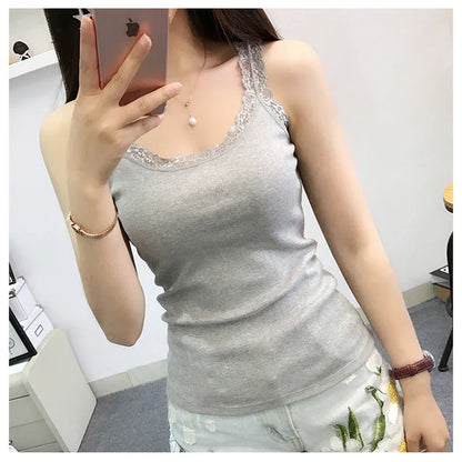 Women’s Summer Bodycon Sleeveless Tank Top – Sexy Lace Patchwork Slim Fit Camisole Vest Casual Fashion Tee Top