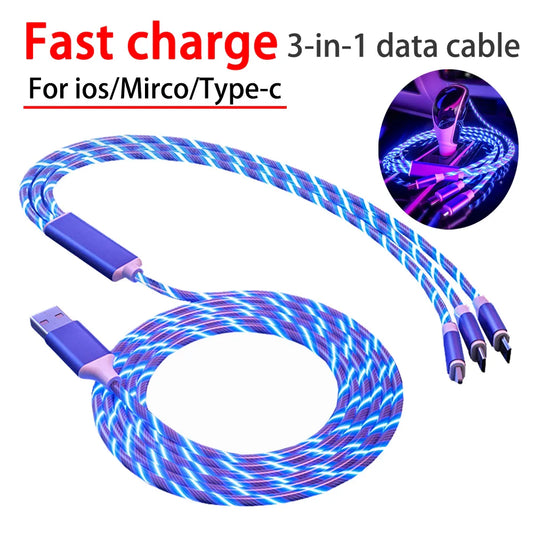 3-in-1 66W Fast Charging Data Cable – Luminous 1.2M & 2M Extension Cord for Android & iOS Type-C