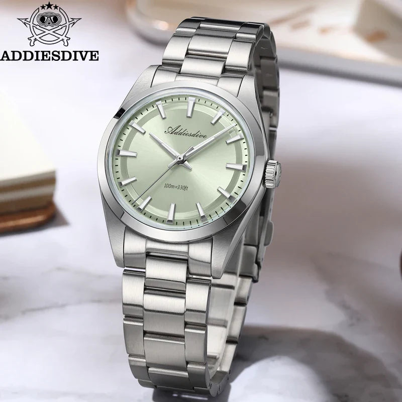 ADDIESDIVE Men's Luxury Quartz Watch – VH31, 100m Waterproof, Green AR Coating, Luminous, 316L Stainless Steel, 36mm