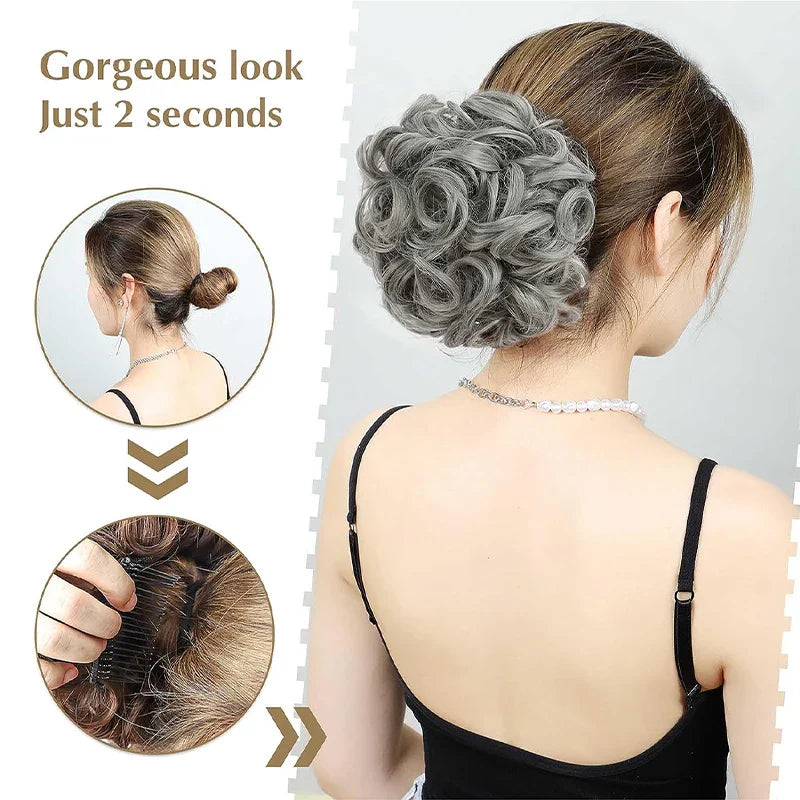 Short Messy Curly Hair Bun Extension – Easy Stretch Combs & Clip-in Ponytail Scrunchie Chignon for Hair Styling