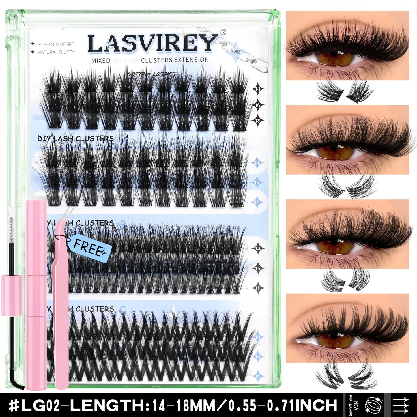 Lasvirey DIY Cluster Lashes Kit – 4-in-1 Fluffy Eyelash Extension Set with Lash Bond & Seal, Mixed Full Individual Lash Clusters