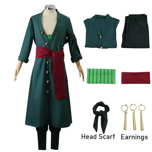 Roronoa Zoro Cosplay Costume - Anime Kimono Robe Cloak Uniform with Earrings for Halloween & Comic Con