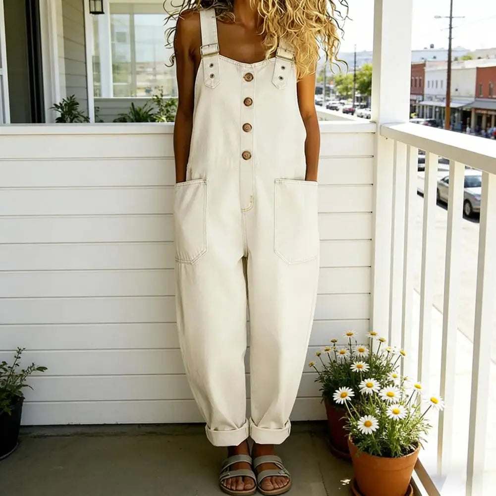 Women's Denim Bib Overalls - Relaxed Fit Wide Leg Vintage Jumpsuit Pants with Button Front Design