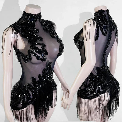 Sexy Shiny Silver Sequin & Black Spandex Jumpsuit — 2025 Women’s Prom, Dancer & Stage Performance Costume