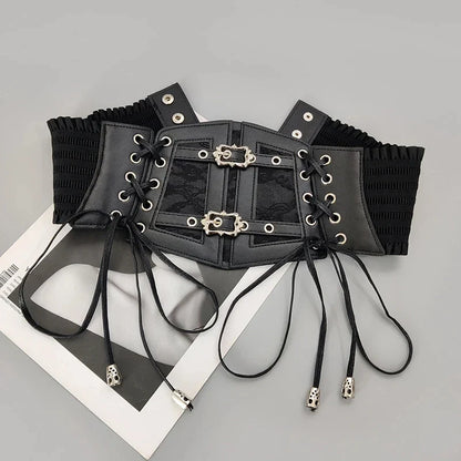 Retro Gothic Corset Belt - Elastic Lace Pin Buckle Waist Cummerbund for Women Dresses & Shirts
