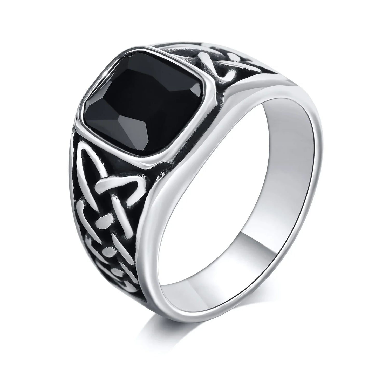 Punk Vintage Ethnic Rings for Men – Retro Viking Knot Rune, Black Geometric Square Stone Signet Jewelry