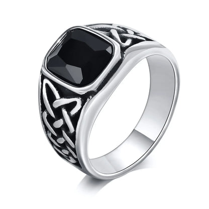 Punk Vintage Ethnic Rings for Men – Retro Viking Knot Rune, Black Geometric Square Stone Signet Jewelry