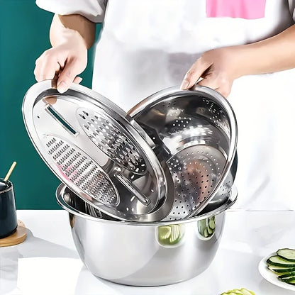 3-Piece Stainless Steel Mixing Bowl & Strainer Set – Multifunctional for Washing, Slicing & Prepping Fruits & Vegetables