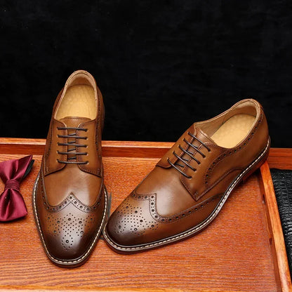 Men’s Genuine Cow Leather Oxford Shoes - Handmade British Vintage Carved Brogue Derby Dress Shoes