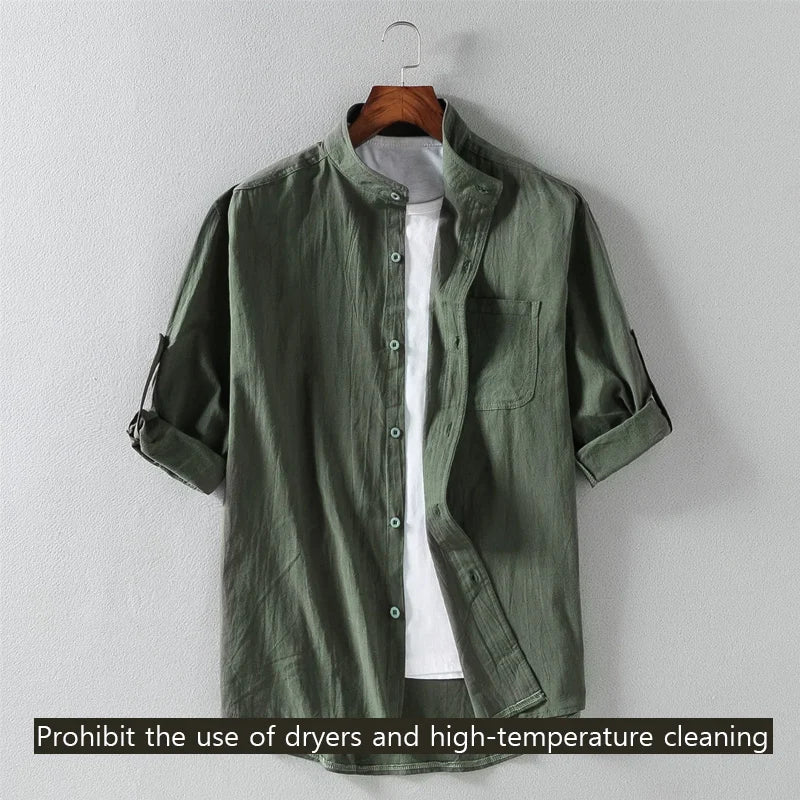 Men’s Stand Collar Short Sleeve Shirt - Spring Summer Casual Mid-Sleeve Plus Size Fashion Top