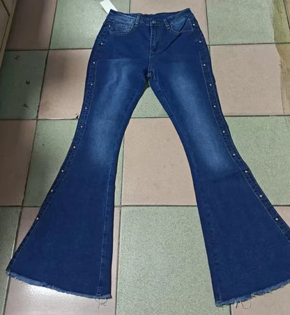 Women’s High Waist Flare Jeans - Stretch Denim Vintage Button Trousers for Spring Autumn Streetwear Fashion