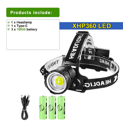 80,000LM Powerful XHP360 LED Headlamp – USB Rechargeable Ultra Bright Headlight Flashlight, Large Aperture Camping & Fishing Head Lantern Waterproof Outdoor Torch