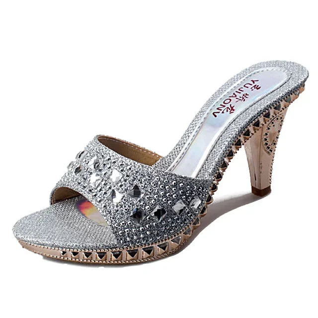 Women’s Summer Rhinestone High Heel Sandals – Sexy Gold & Silver Heeled Shoes