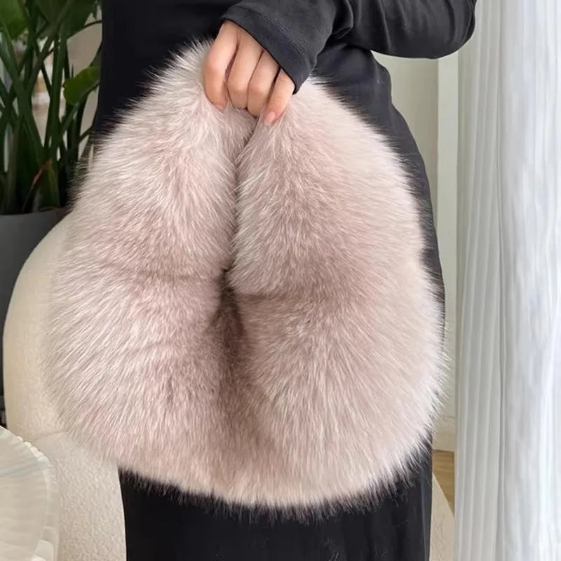 Plush Half Moon Bag - Soft Faux Fur Women's Handbag Winter Luxury Shoulder Purse
