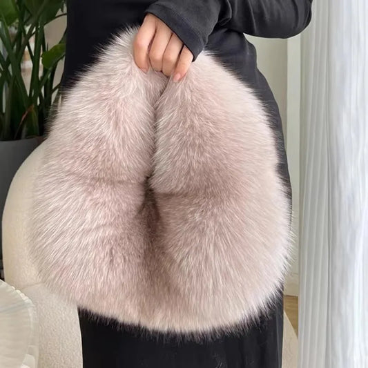 Plush Half Moon Bag - Soft Faux Fur Women's Handbag Winter Luxury Shoulder Purse