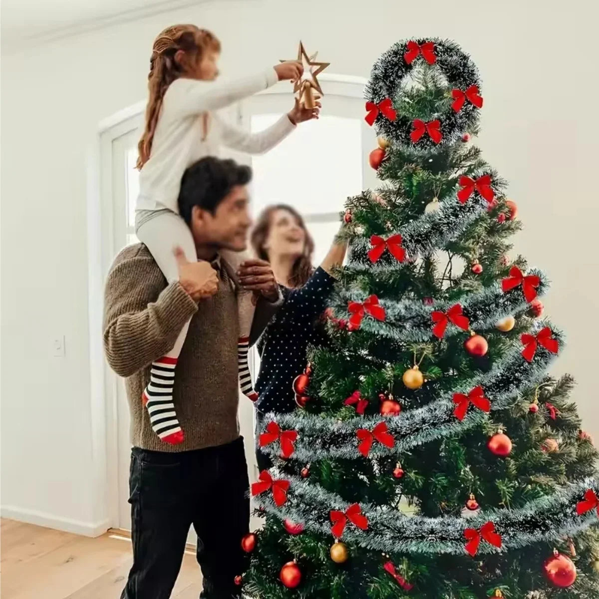 10M Christmas Tinsel Ribbon Garland with Bows – DIY Xmas Tree, Wreath & Holiday Decor
