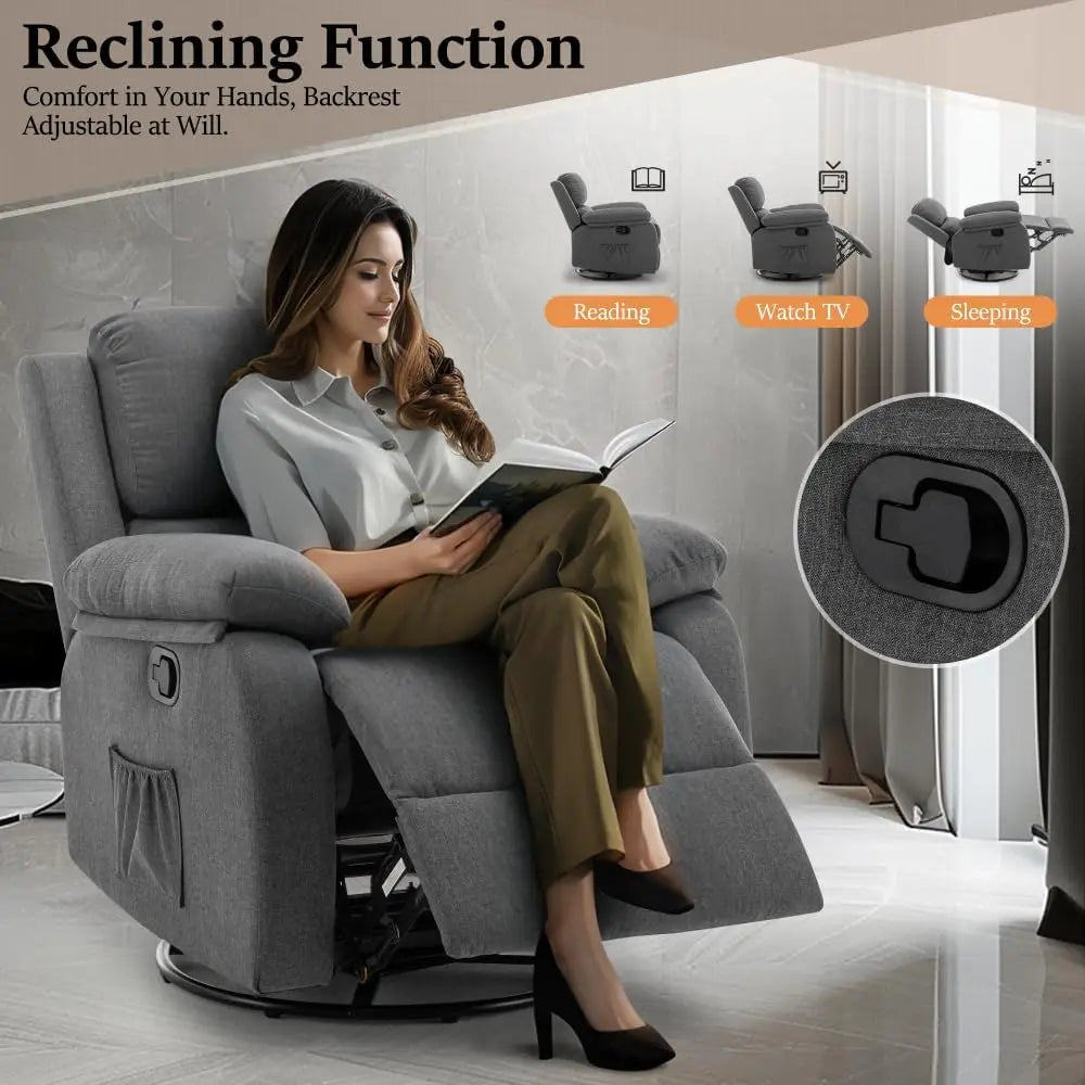 360° Swivel Recliner Rocker Chair – Upholstered Fabric Glider for Adults & Nursery Use