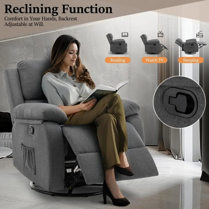360° Swivel Recliner Rocker Chair – Upholstered Fabric Glider for Adults & Nursery Use