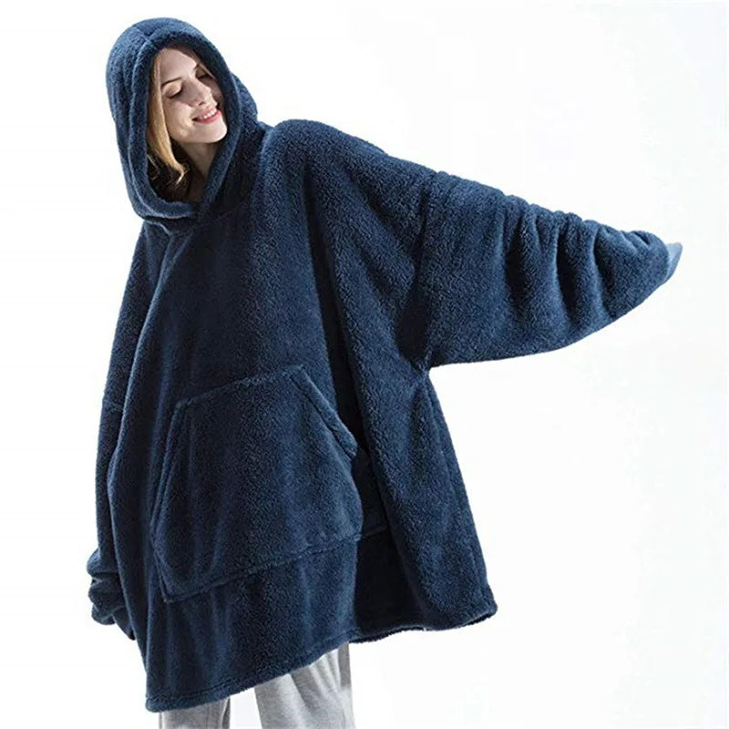 Women’s Winter Hooded Fleece Jacket – Thick, Warm, Solid Color Pullover with Pockets, Elegant Unisex Long Hoodie for Home Wear