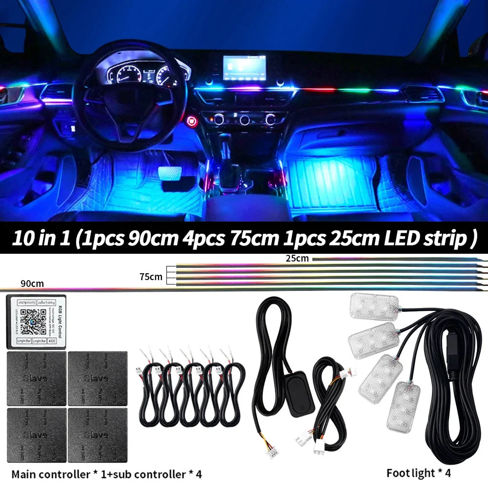 6/10/14/18 in 1 RGB LED Car Ambient Light - APP Controlled Acrylic Interior Atmosphere Strip with 64/213 Color Symphony Lighting