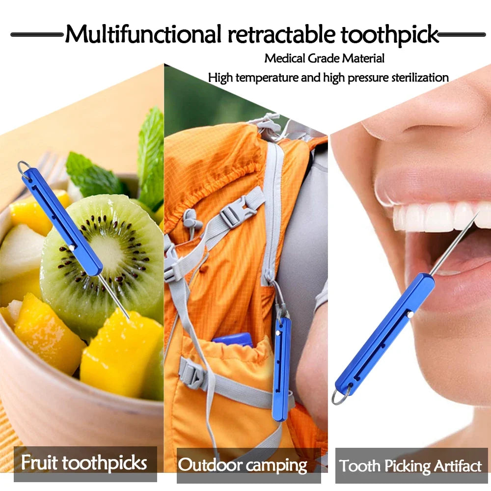 Portable Titanium Toothpick Set - Reusable Telescopic Metal Toothpick Holder with Keychain Pocket Tool