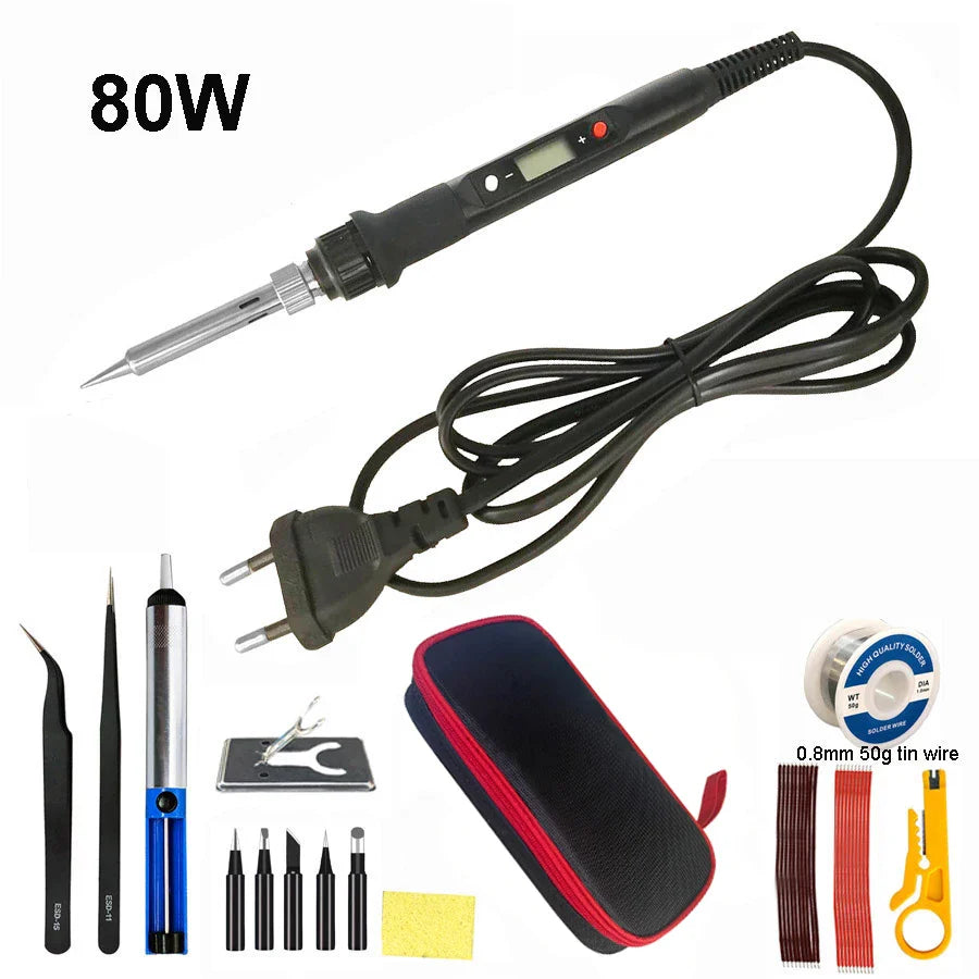 80W Digital Electric Soldering Iron Kit – Adjustable Temperature LCD Display Welding Tool Set (110V/220V) with Replaceable Tips