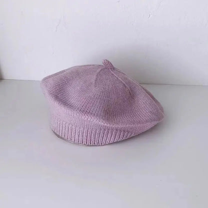 Flower Baby Beret Hat – Winter Warm Knitted Beanie for Infant & Toddler Girls, Korean Princess Artist Painter Cap Solid Color