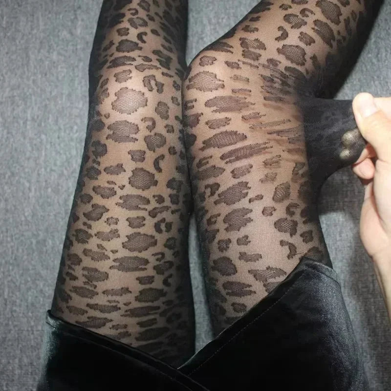 Vintage Gothic Sheer Pantyhose – Sexy Black Leopard Print Transparent Tights for Women