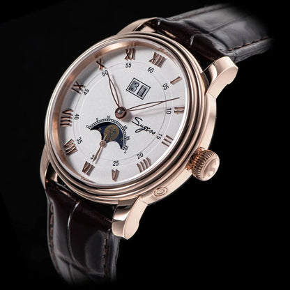 Sugess Moonphase Men’s Automatic Mechanical Watch — 40MM Stainless Steel with Seagull ST2528 Movement and Blue Sandstone Dial
