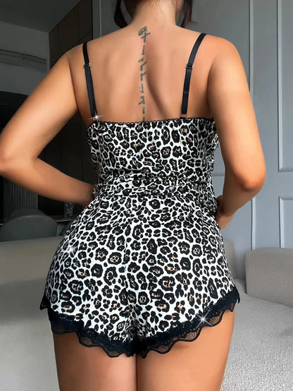 Women’s Leopard Print Halter Pajama Set – Sexy Lace Two-Piece Sleepwear, Elegant Comfortable Home Loungewear Shorts Outfit