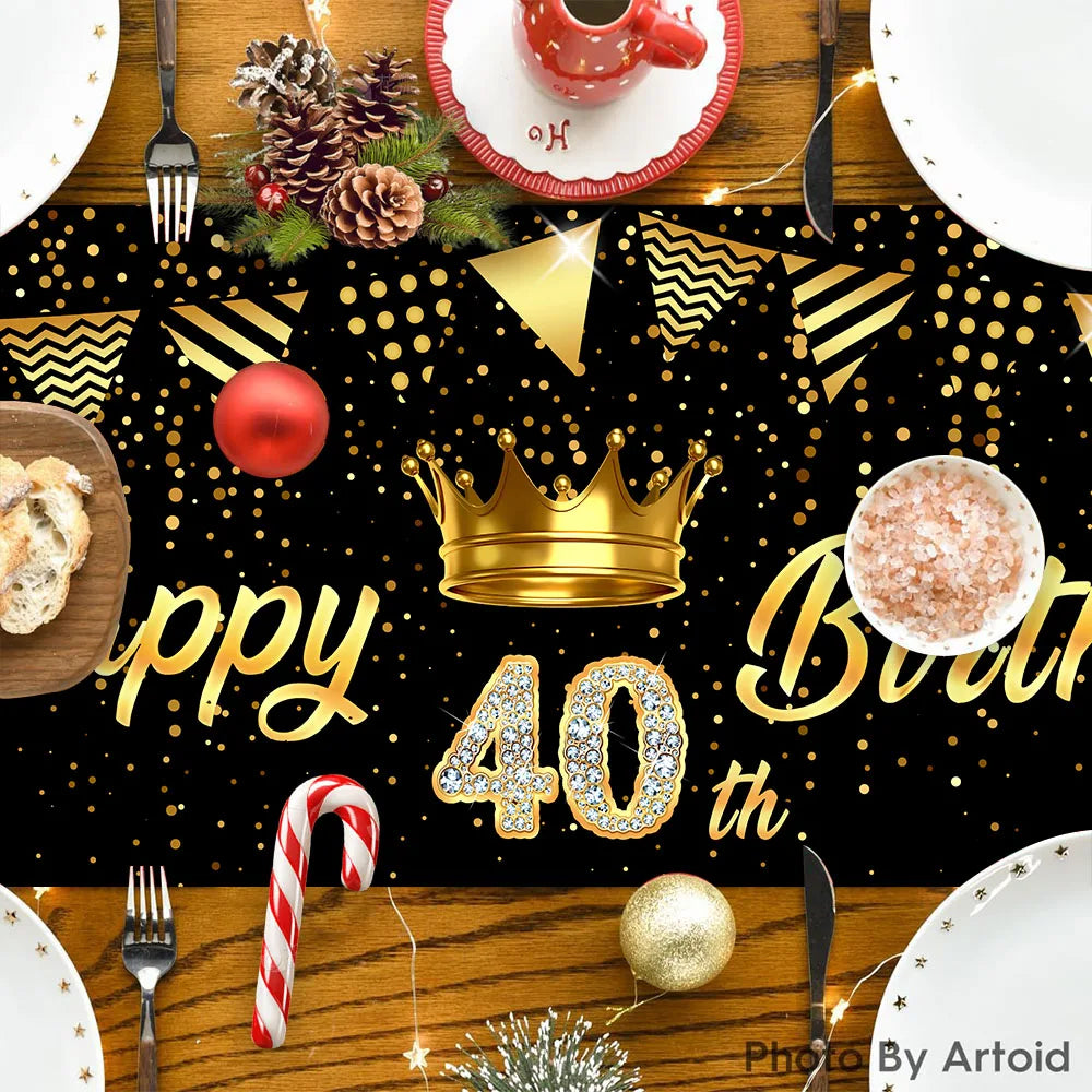 Black & Gold Birthday Table Runner – Polyester Diamond Number Crown Table Cloth for Party Centerpiece Decoration
