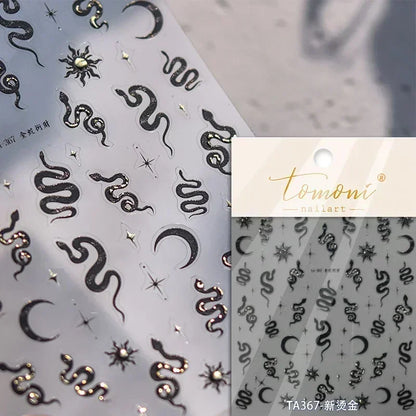 5D Gold Stamped Nail Art Stickers - Silver Sun Stars Snake Chinese Style Self-Adhesive Manicure Decals
