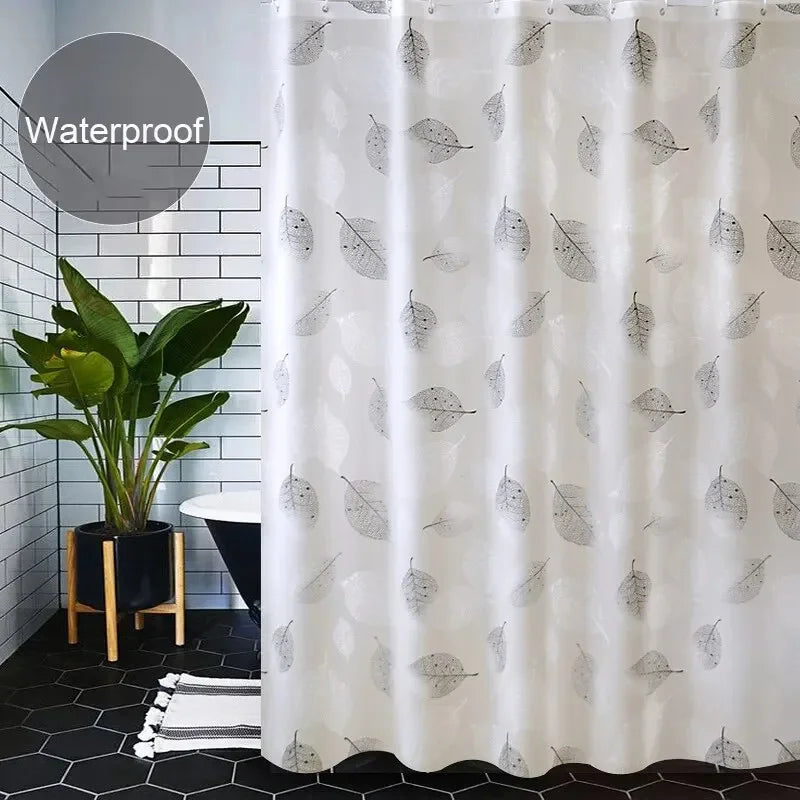 Waterproof PEVA Shower Curtain - Thickened Leaf Pattern Bath Curtain with Hooks & Rustproof Metal Grommets