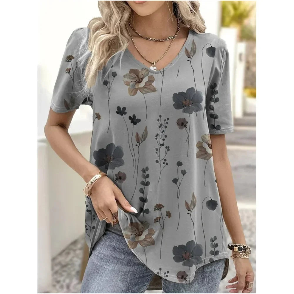 Women's 3D Flower Print V-Neck T-Shirt - Oversized Kawaii Summer Casual Blouse Top Fashion Clothing