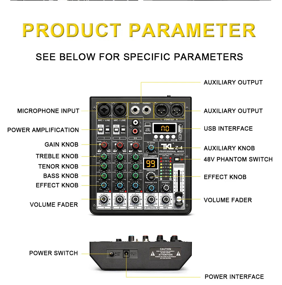 TKL 4 Channel DSP Audio Mixer – 99 Effects, 48V Phantom Power, USB, Bluetooth DJ Console for Karaoke and Studio Sound
