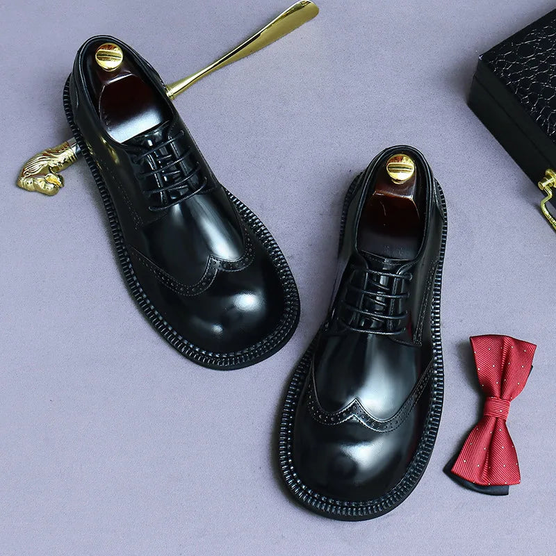 Men's Retro Genuine Leather Brogue Shoes - Handmade Round Toe Flat Dress Shoes for Weddings & Formal Occasions