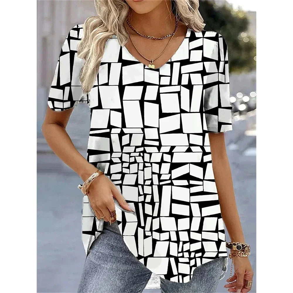 Women's 3D Flower Print V-Neck T-Shirt - Oversized Kawaii Summer Casual Blouse Top Fashion Clothing