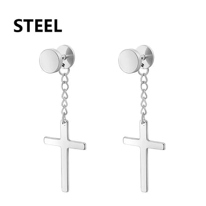 Stainless Steel Cross Star Dangle Earrings - Punk Gothic Hoop Huggie Jewelry for Men & Women