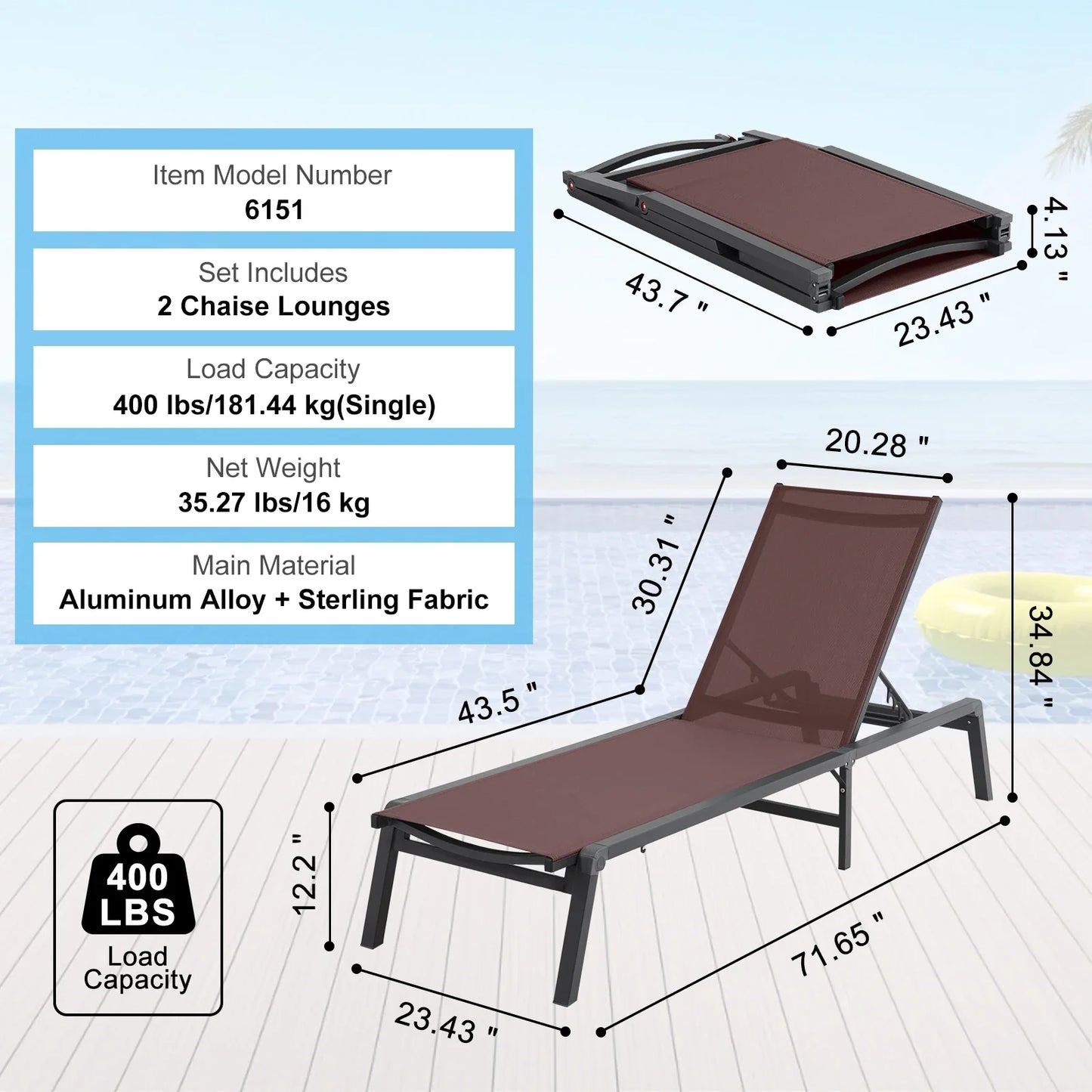 SucceBuy Outdoor Aluminum Chaise Lounge Chair — Folding Patio Pool Recliner, Full Flat Sun Lounger in Dark Grey