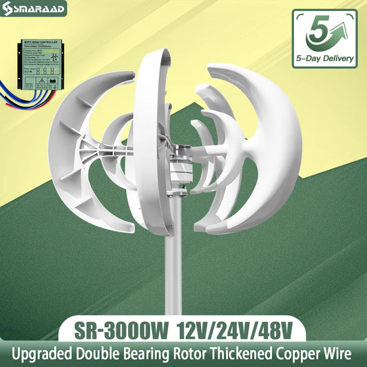 3000W Vertical Wind Turbine – 12V/24V/48V Small Windmill with 220V Output for Home & Farm, Includes MPPT Controller