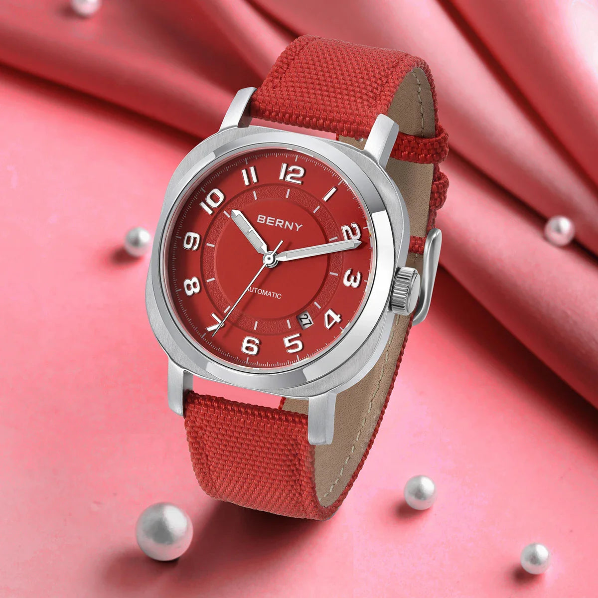 BERNY Women’s Mechanical Watch — Self-Wind Pillow Cushion Design with Sapphire Crystal, Super Luminous Display, Canvas Strap, and Calendar Function