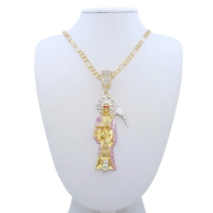 Santa Muerte Necklace – Figaro Chain with Santisma Muerte Pendant and St. Jude Charm for Men and Women