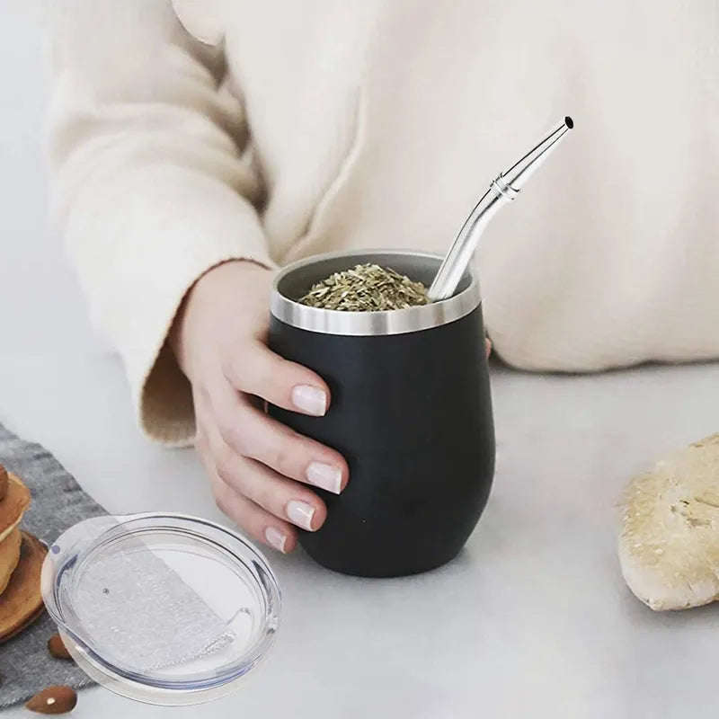Double-Wall Stainless Steel Yerba Mate Tea Set - Gourd-Shaped Coffee Cup with Lid, Spoon, Straw, Bombilla Head Filter, and Brush