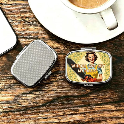 “Where Are My Pills?” Metal Pill Box - Retro 2-Compartment Portable Travel Medicine Organizer