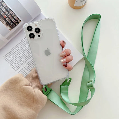 Crossbody Shoulder Strap Phone Case - Transparent Shockproof Cover for iPhone 17 Air, 16, 15, 14, 13 Pro Max & More