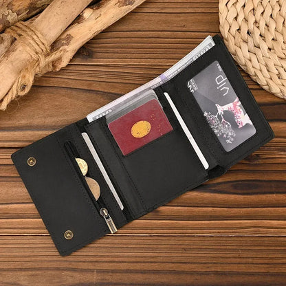 Men’s Genuine Leather Short Wallet with Chain – Trifold Zipper Clutch, Card Holder & Coin Purse