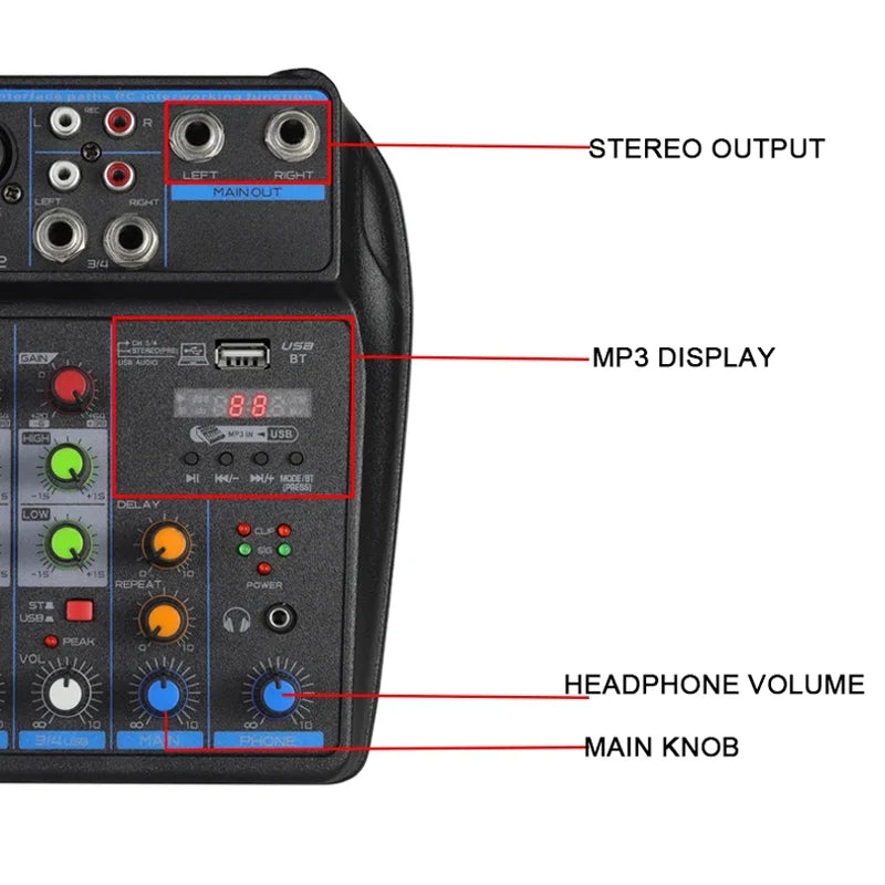 4-Channel DJ Mixer Console with Bluetooth – USB Audio Mixer, 48V Phantom Power, Karaoke Monitor System