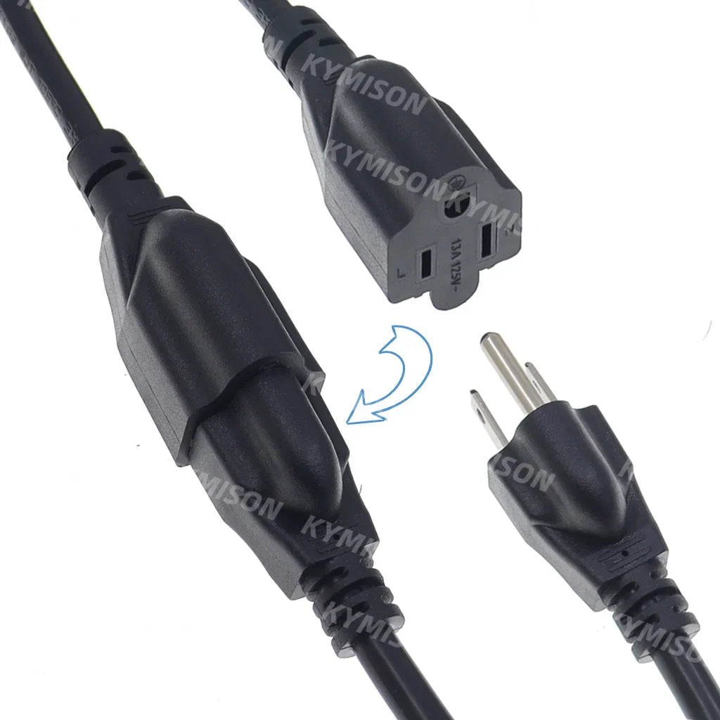 USA 3-Prong Extension Power Cord – NEMA 5-15P to 5-15R Plug Socket, 0.3m/0.5m/1m/2m Length Options