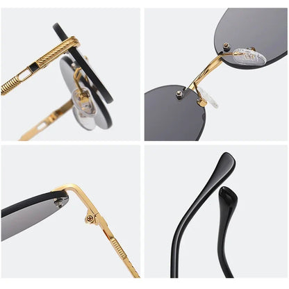 Retro Oval Rimless Sunglasses – Blue Mirror Gold Metal UV400 for Men & Women