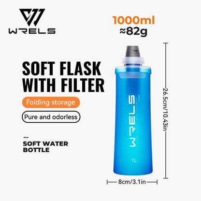 WRELS Soft Water Bottle with Filter - Ultralight Collapsible Hiking & Camping Hydration Flask